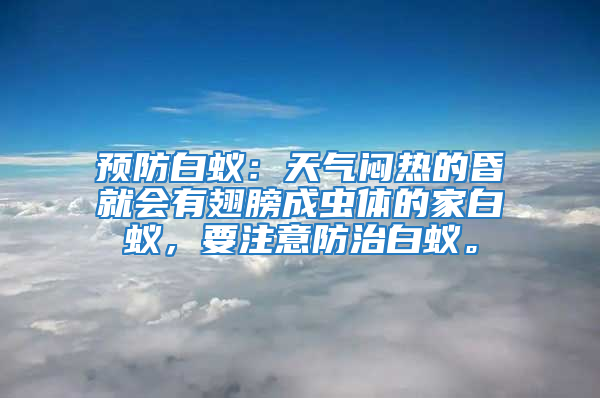 預(yù)防白蟻：天氣悶熱的昏就會有翅膀成蟲體的家白蟻，要注意防治白蟻。